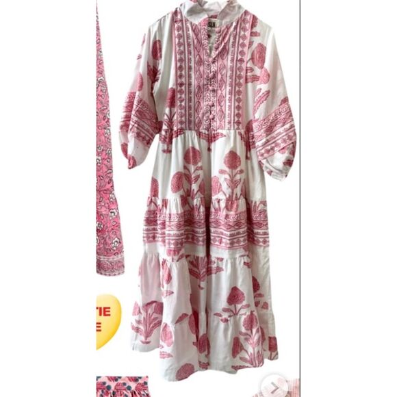 NWT Sur La Vague Blush Katherine Hand Stamped Maxi Dress in White & Pink Size S - Picture 6 of 15